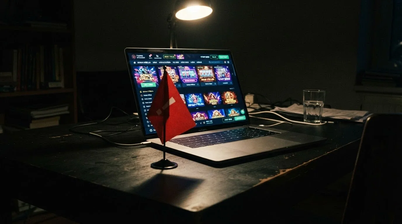 Výstražná červená vlajka na pozadí displeje s podezřelým casino rozhraním bez českých textů a bez viditelných zodpovědných nástrojů