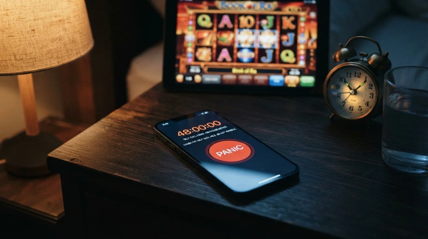 Tlačítko s nápisem PANIC na obrazovce telefonu, vedle něj odpočet 48:00:00, v pozadí rozmazané casino rozhraní