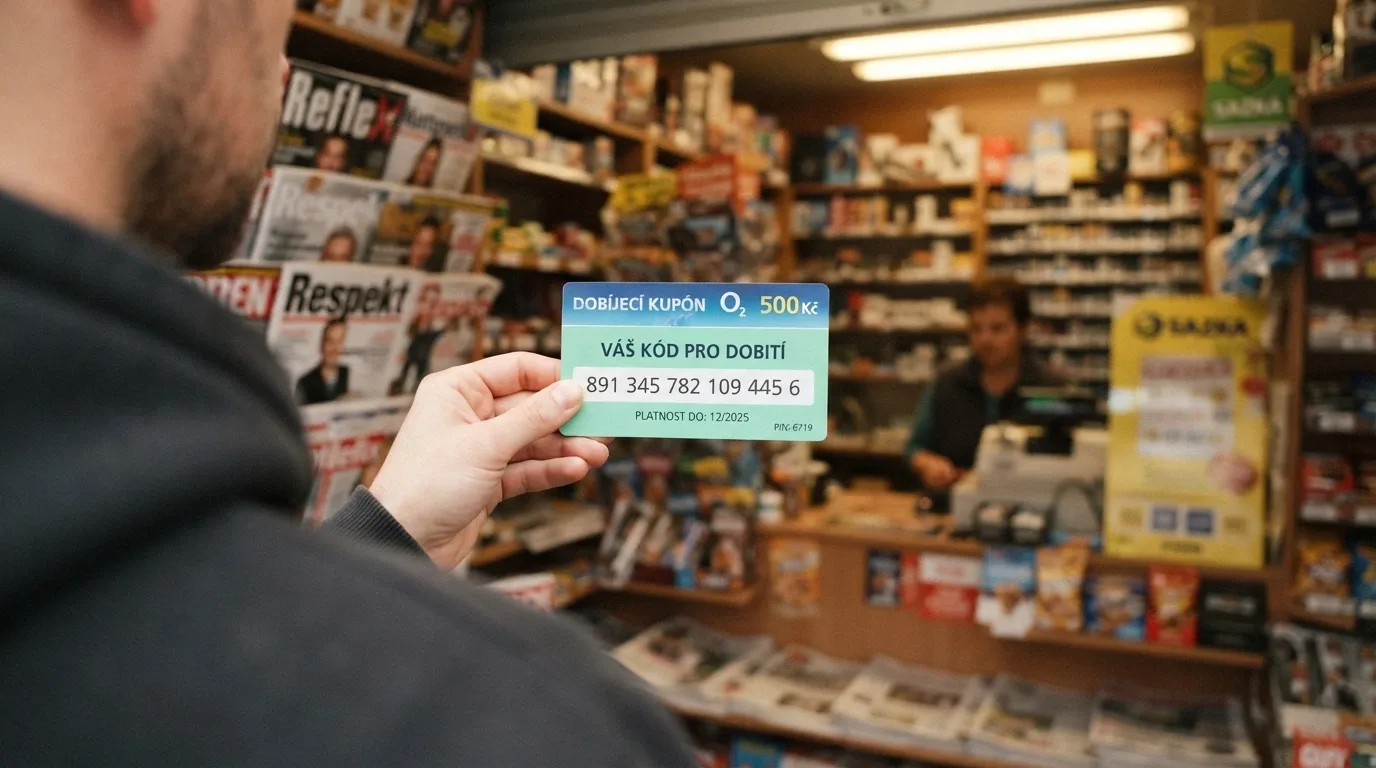 Ruka držící plastový Paysafecard kupón s viditelným 16místným PIN kódem, v pozadí regál trafiky