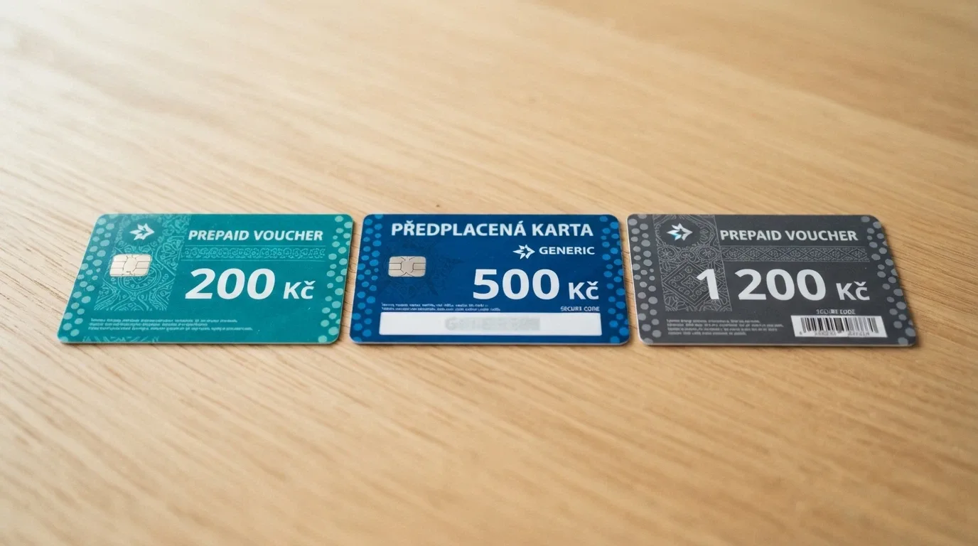 Tři kupóny Paysafecard v hodnotách 200, 500 a 1 200 Kč rozložené na stole