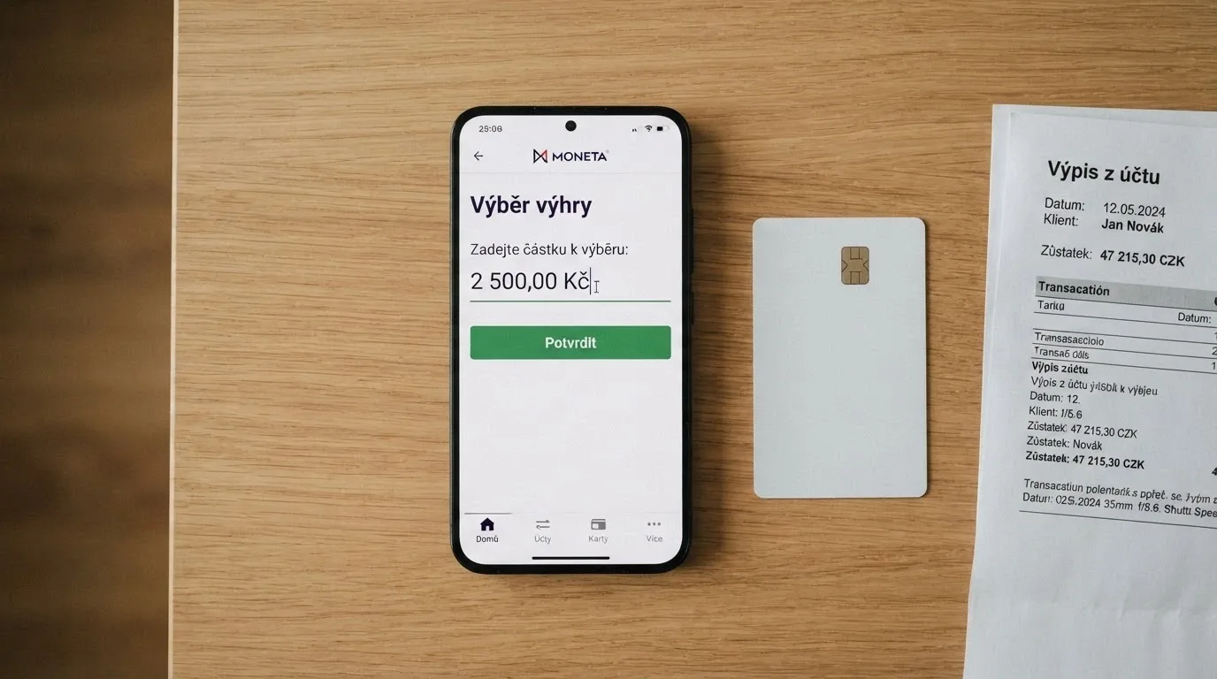 Mobil s otevřenou stránkou výběru z casina, vedle něj platební karta a výpis z bankovního účtu