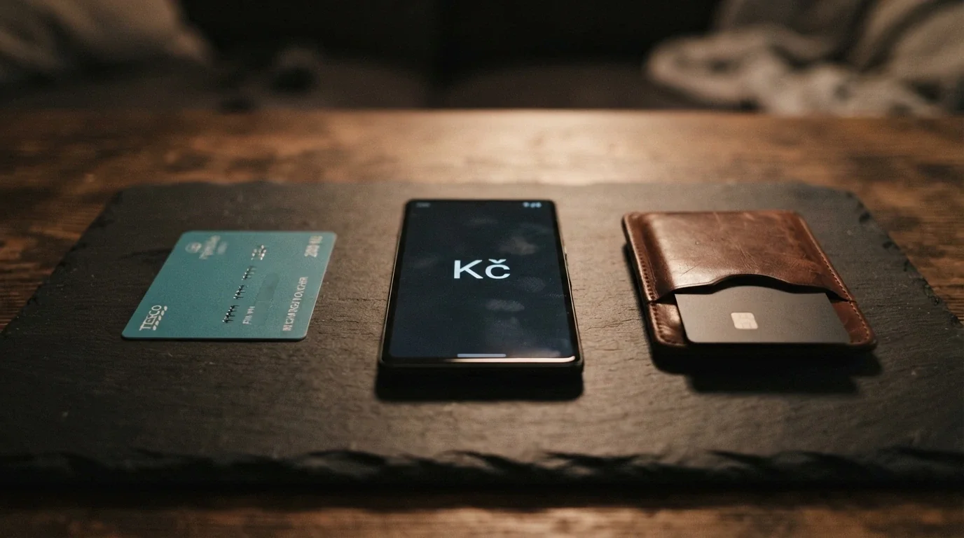 Platební karta, Paysafecard voucher s PIN kódem a kryptoměnová peněženka vedle sebe