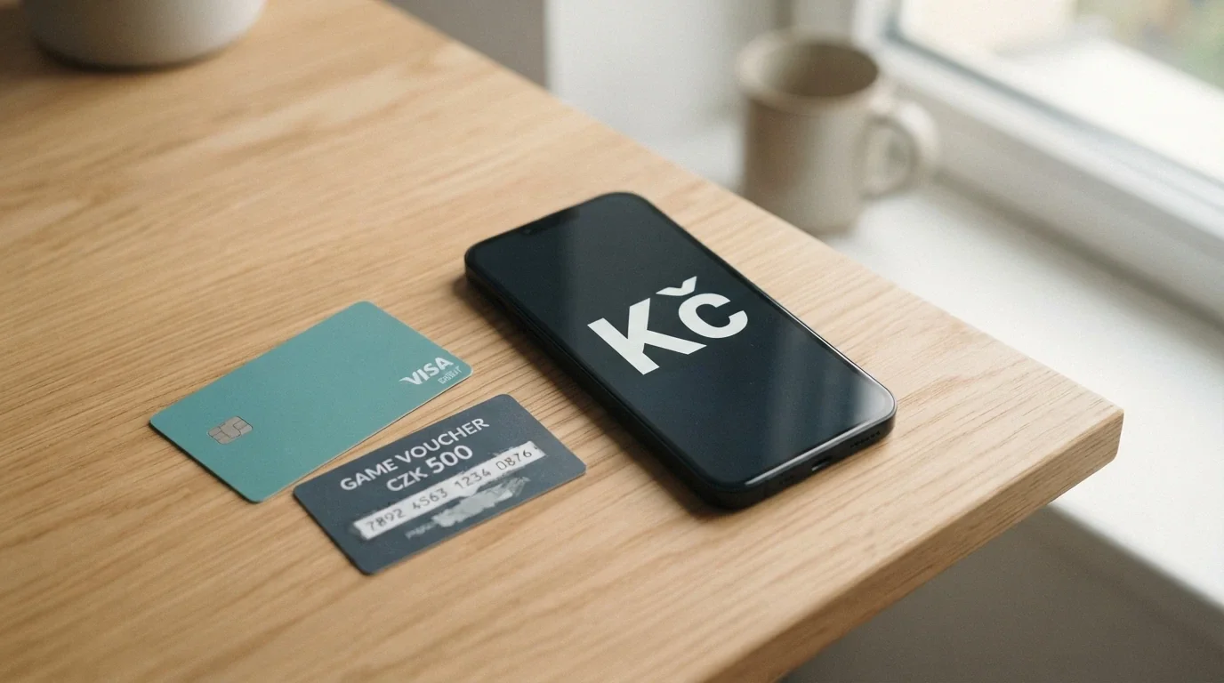 Mobilní telefon, platební karta a Paysafecard poukaz na stole vedle sebe