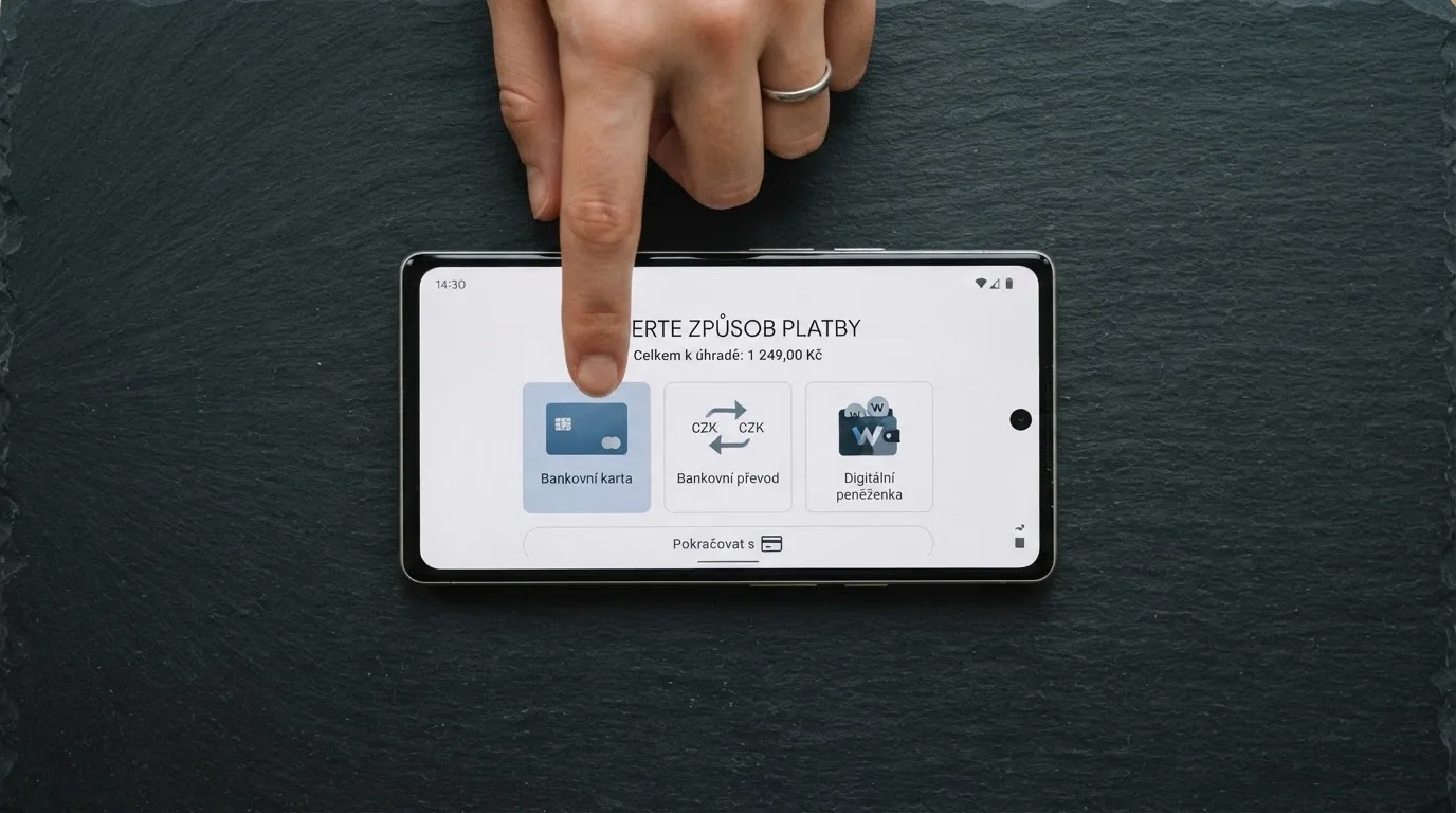 Výběr platebních metod na pokladně online casina — ikony karet, bankovního převodu a digitálních peněženek