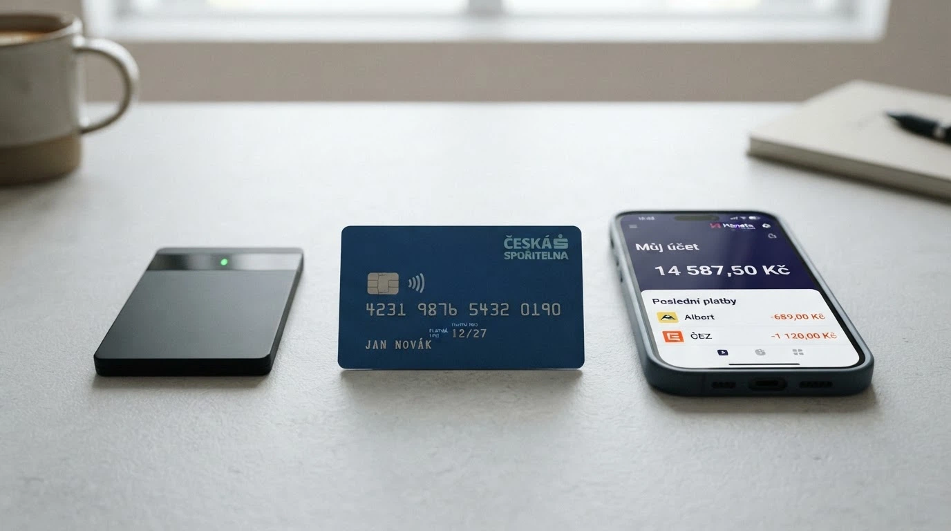 Srovnání platebních metod — elektronická peněženka, platební karta a mobilní telefon s bankovní aplikací vedle sebe