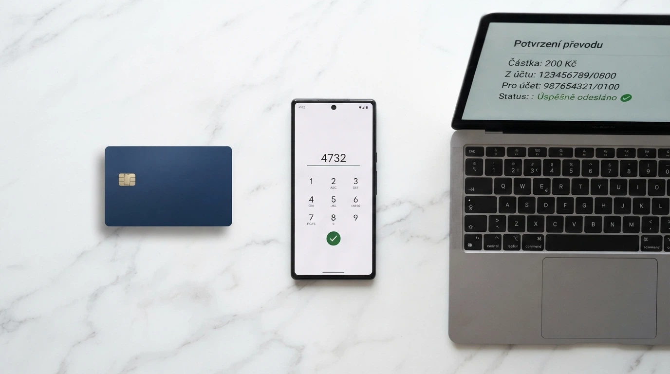 Platební karta, telefon s Paysafecard kódem a bankovní převod na displeji notebooku vedle sebe