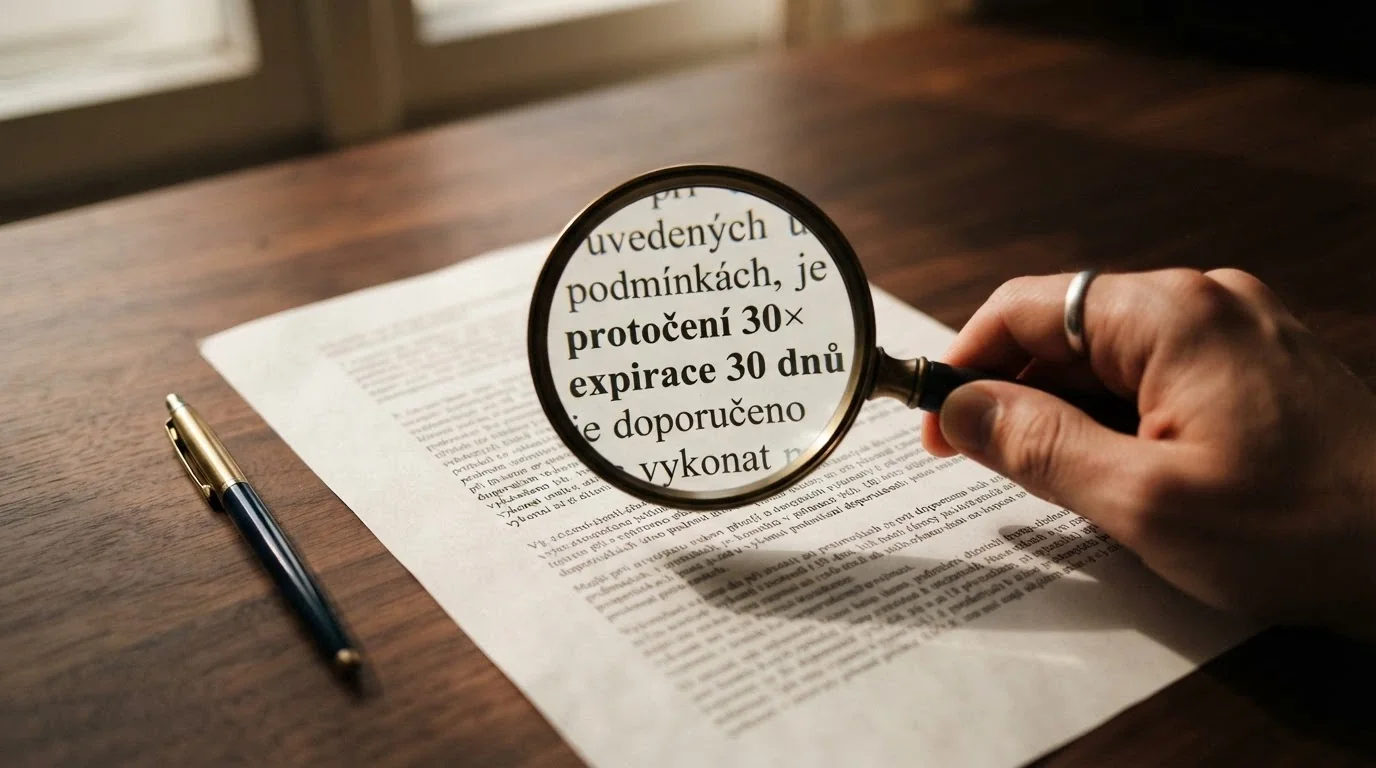 Lupa nad textem bonusových podmínek, zvýrazněné údaje o protočení a expiraci