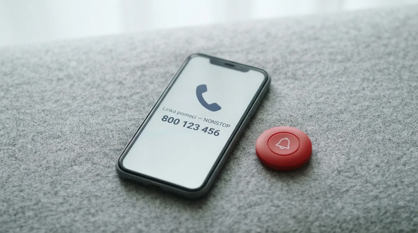 Telefon s číslem linky pomoci na displeji, vedle ikony sebeomezujících opatření a panic buttonu
