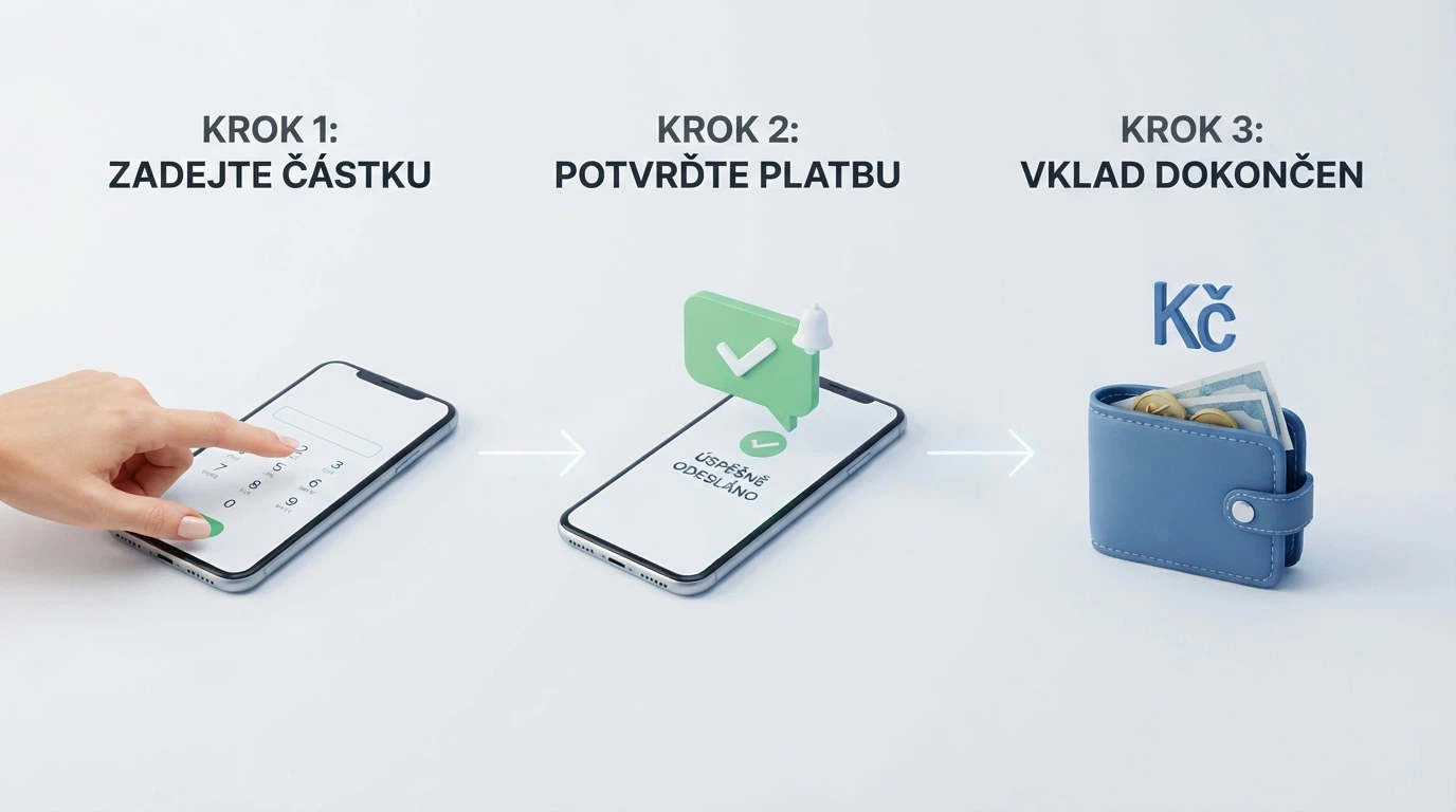 Tříkrokové schéma na displeji telefonu: 1. výběr částky, 2. potvrzení SMS kódem, 3. připsání kreditu na herní účet
