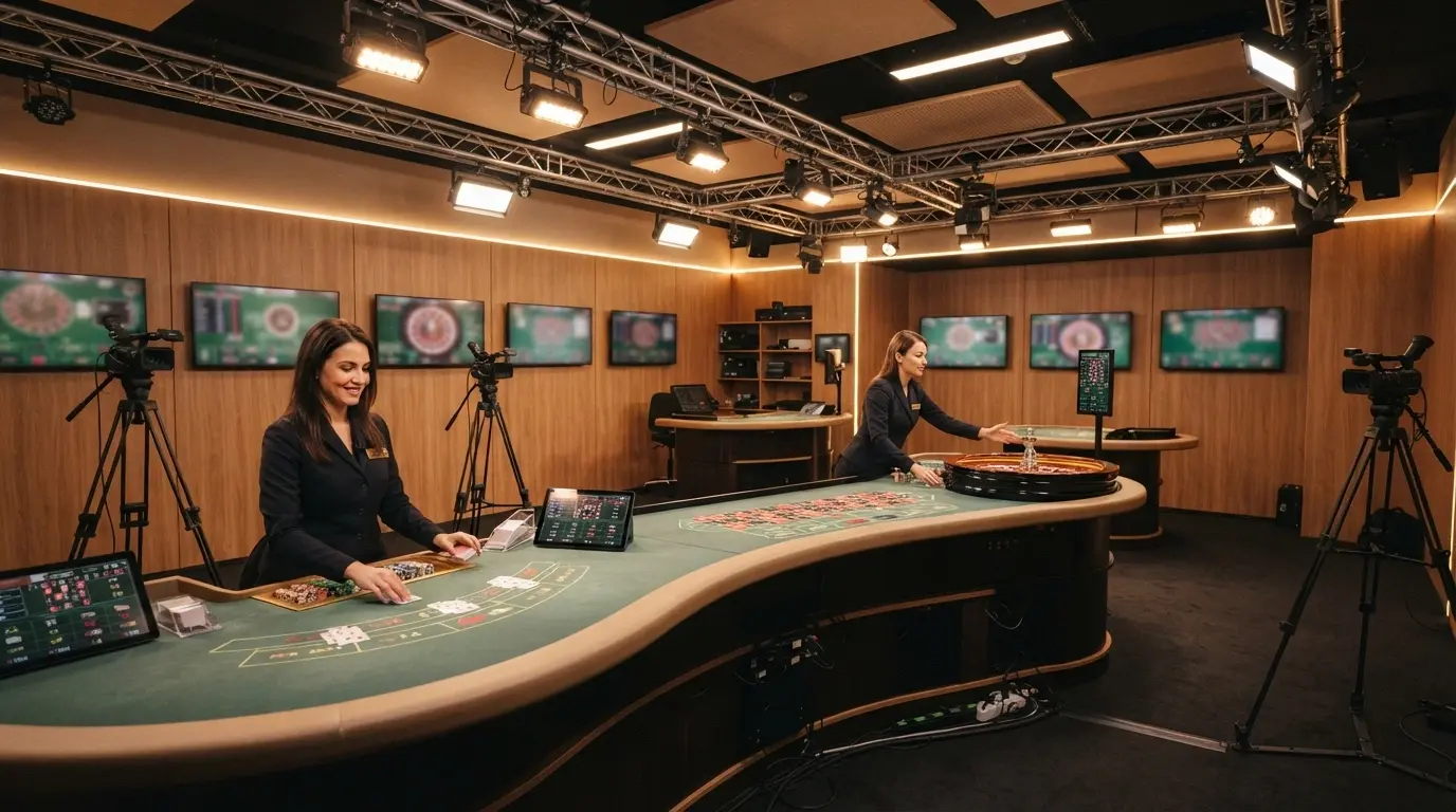 Interiér live casino studia Evolution v Kajot Intacto Praha s českými krupiéry