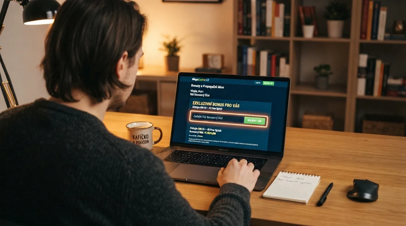 Hráč u počítače s otevřenou bonusovou sekcí hráčského účtu v online casinu