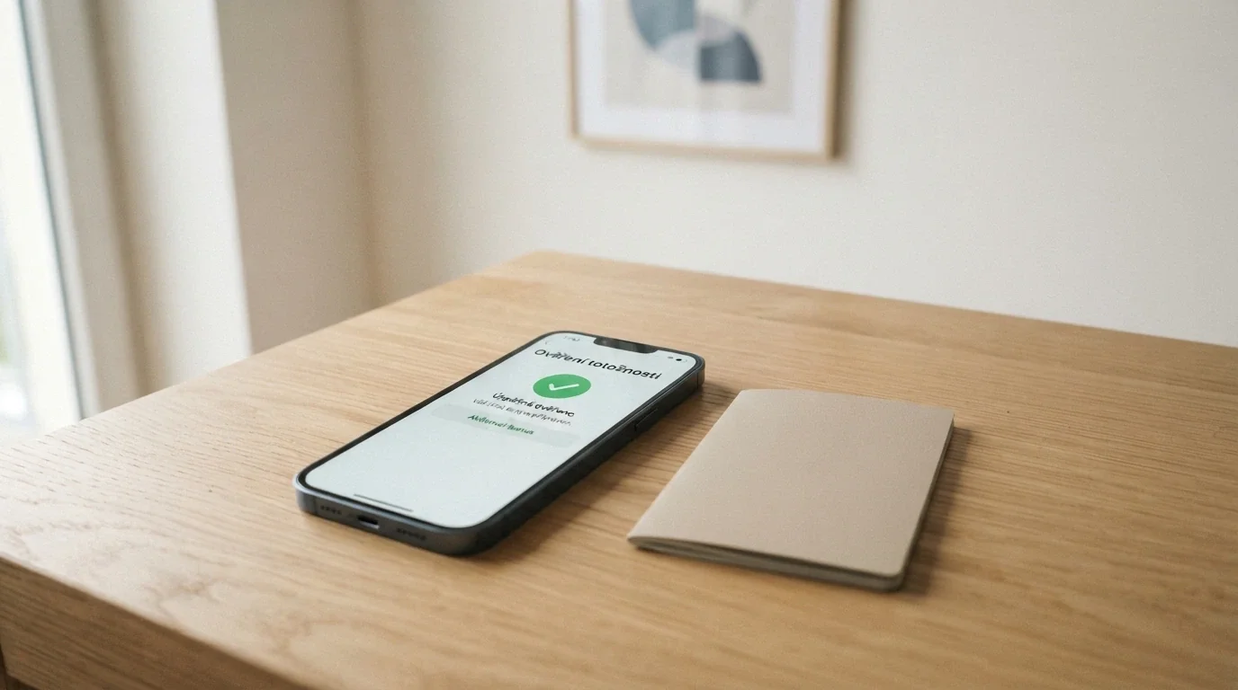 Mobilní telefon s rozhraním Bank iD, vedle něj občanský průkaz, na pozadí logo české banky