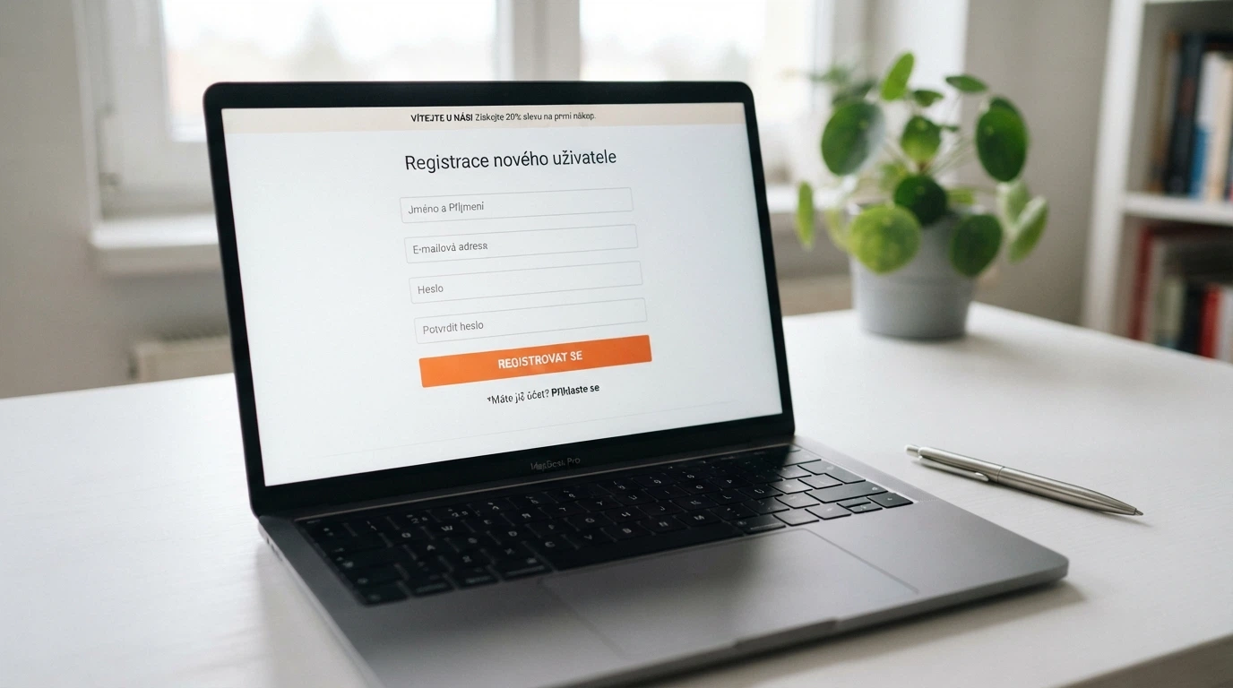 Proces registrace v online casinu na obrazovce notebooku, vedle viditelná nabídka bonusu bez vkladu