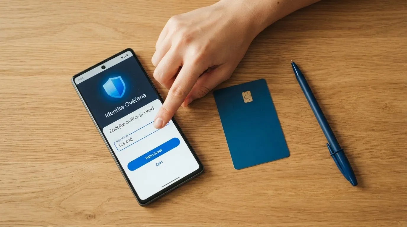 Displej mobilního telefonu s přihlašovací obrazovkou BankID a vedle něj platební karta