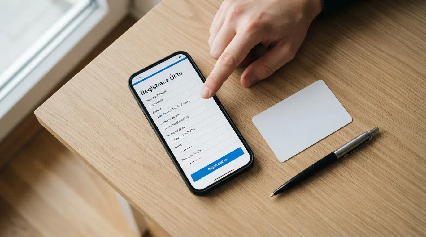 Displej mobilního telefonu s českým registračním formulářem online casina, vedle ikony dokladu totožnosti a symbolu ověření