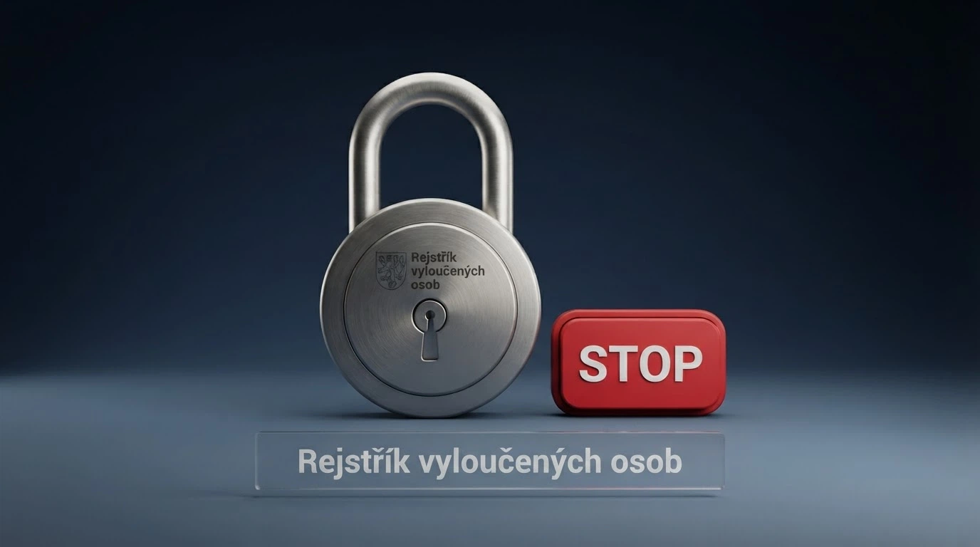 Stylizovaný zámek na obrazovce, vedle tlačítko s nápisem „panic button“, pod tím text „Rejstřík vyloučených osob“