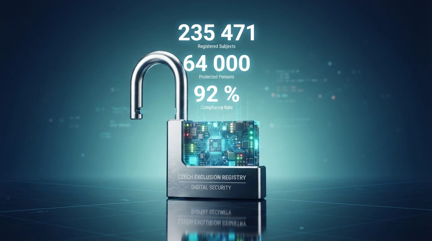 Abstraktní vizualizace registru jako zabezpečené databáze, z níž vystupují klíčová čísla: 235 471, 64 000, 92 %
