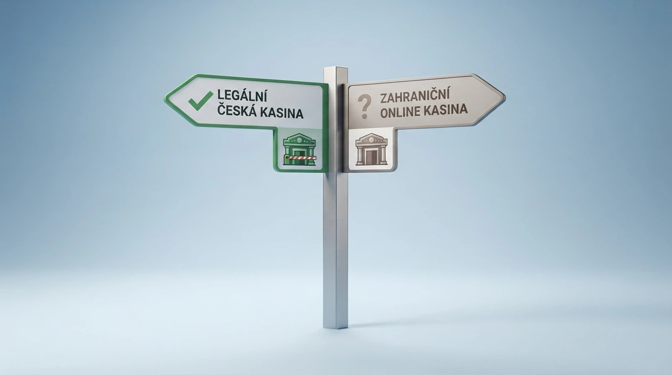 Rozcestník se dvěma směry — jedna šipka vede k budově s nápisem „RVO — české casino“ a závorou, druhá k budově s nápisem „Zahraniční casino“ bez závory.