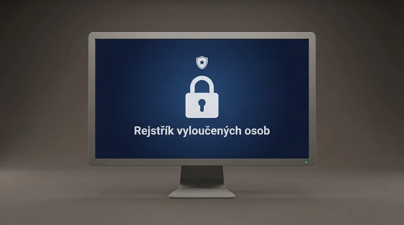 Ilustrace neveřejného registru — monitor s nápisem Rejstřík vyloučených osob a ikonou zámku