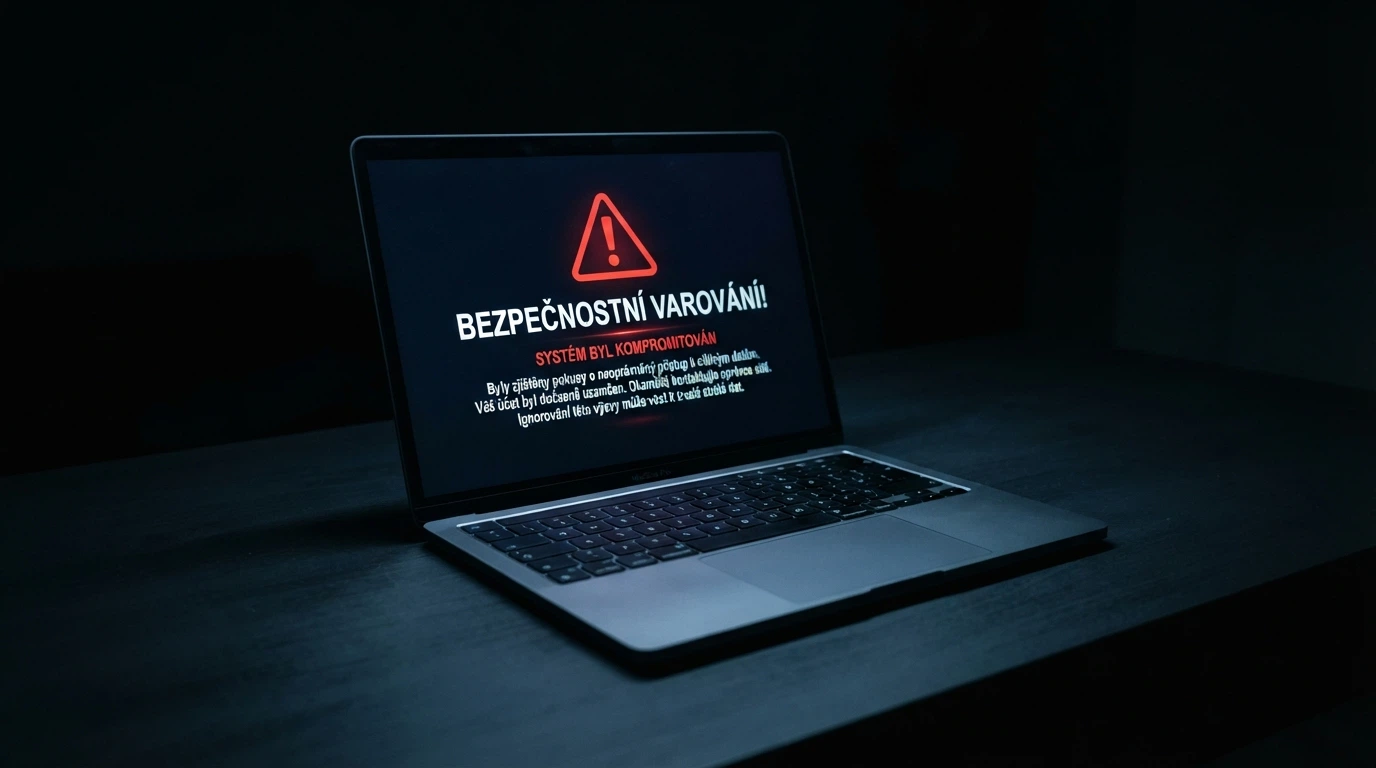 Výstražný symbol na obrazovce s textem v cizím jazyce, bez možnosti ověření licence