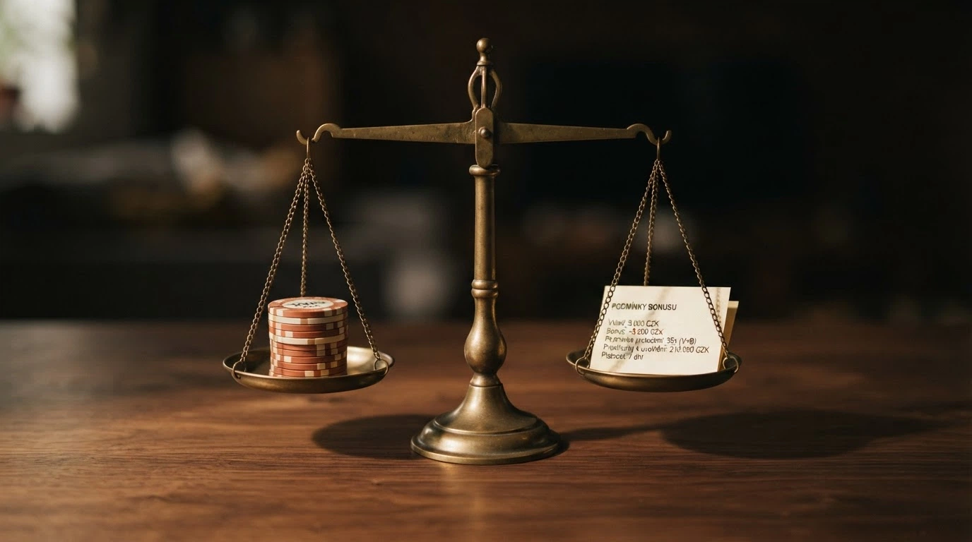 Stoh bankovek 200 Kč na jedné misce vah a bonusové podmínky na druhé — vizuální metafora rozhodnutí