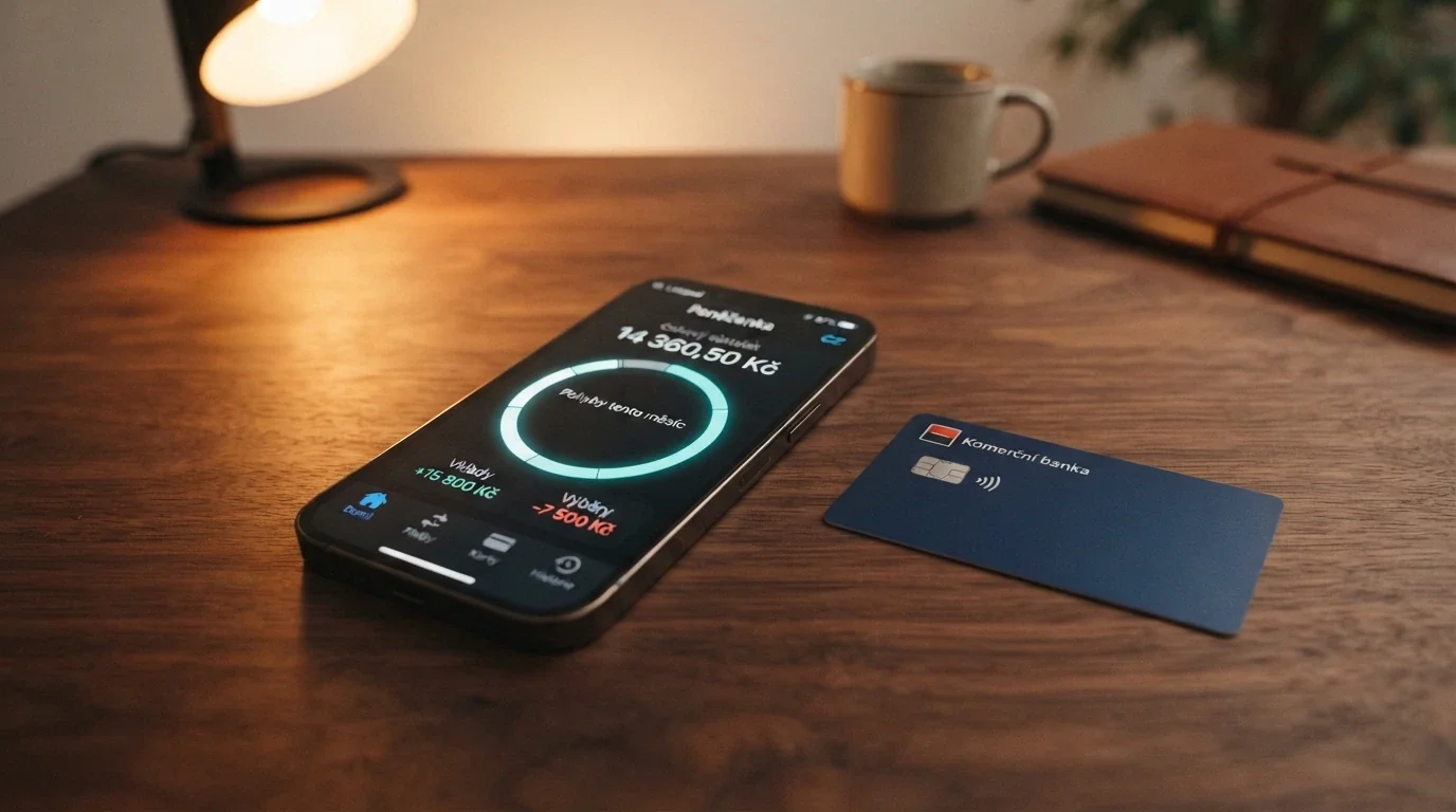 Displej telefonu s aplikací Skrill zobrazující zůstatek v CZK, vedle něj bankovní karta