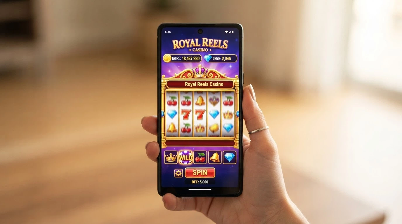 Obrazovka mobilního telefonu se sociální casino aplikací zobrazující herní automat a stav herních žetonů