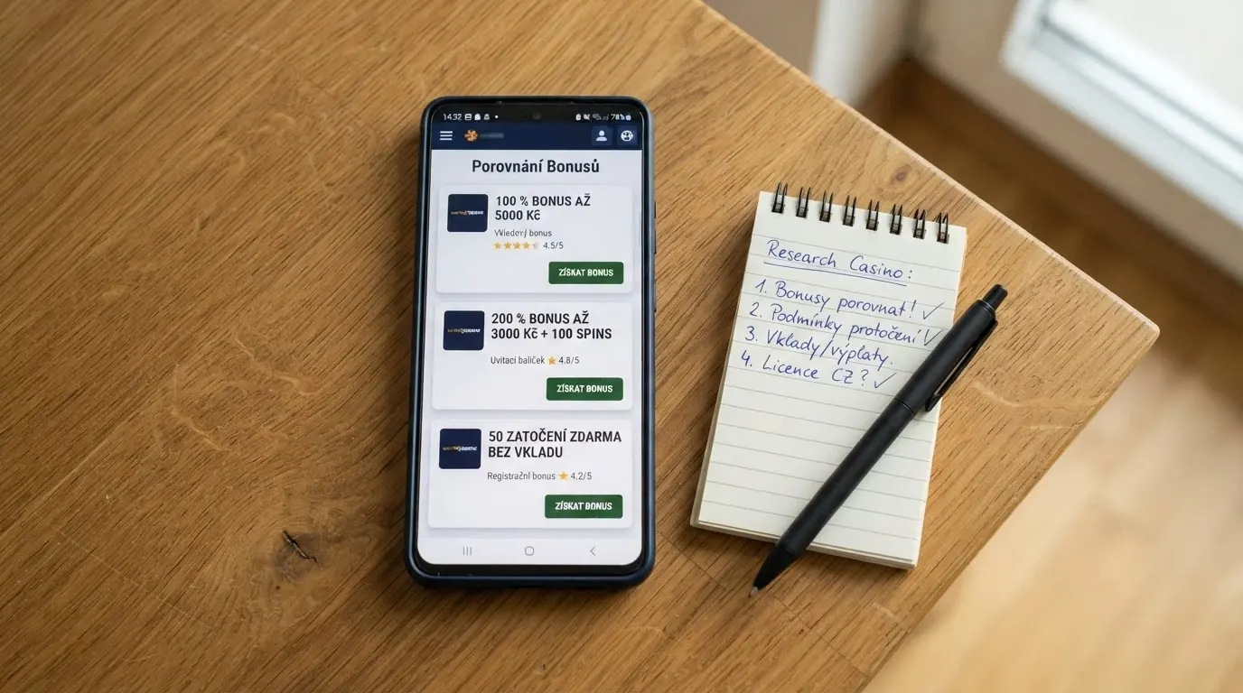 Srovnávací tabulka mobilních kasin na displeji telefonu — bonusy, licence, platformy