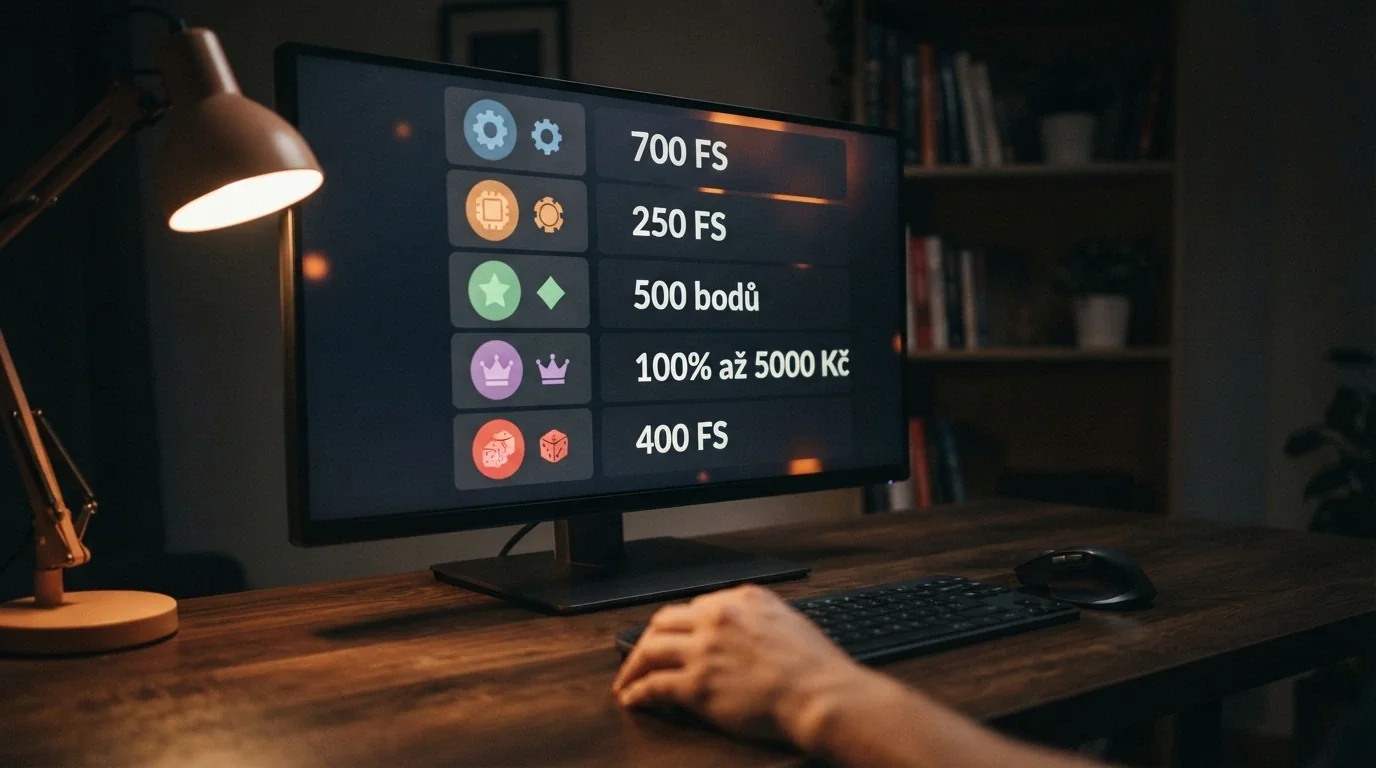 Stylizovaný srovnávací přehled na monitoru — levý sloupec loga operátorů, pravý sloupec zvýrazněné hodnoty bonusů