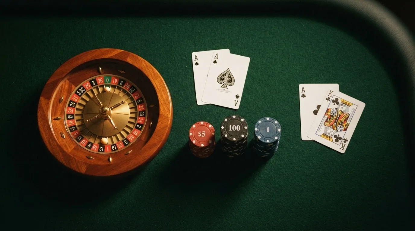 Rozložené karty rulety, blackjacku a pokerových žetonů před logy českých kasin