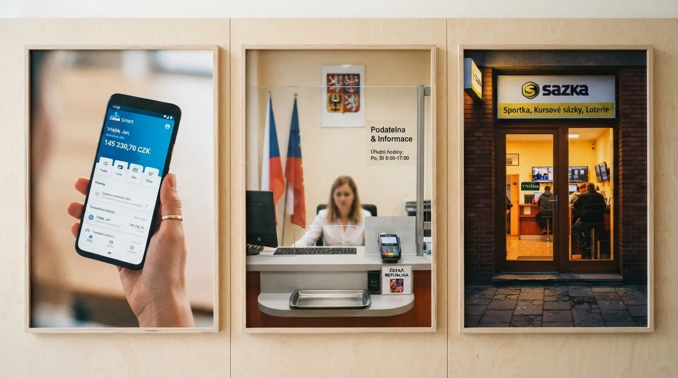 Tři sloupce s popisem — obrazovka mobilního bankovnictví, přepážka Czech POINT s úřednicí, vstup do kamenné pobočky