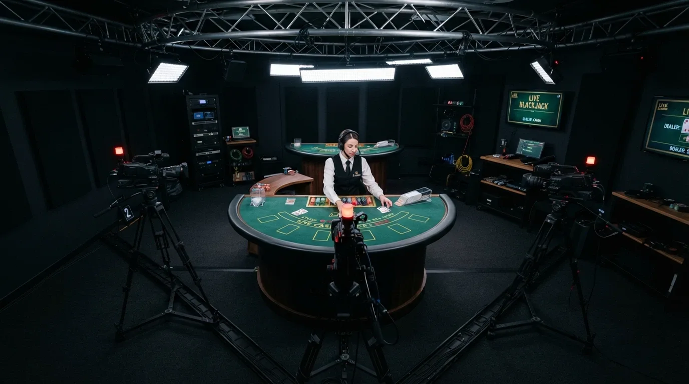 Profesionální studio Evolution s blackjackovým stolem, krupiérem a kamerovým vybavením