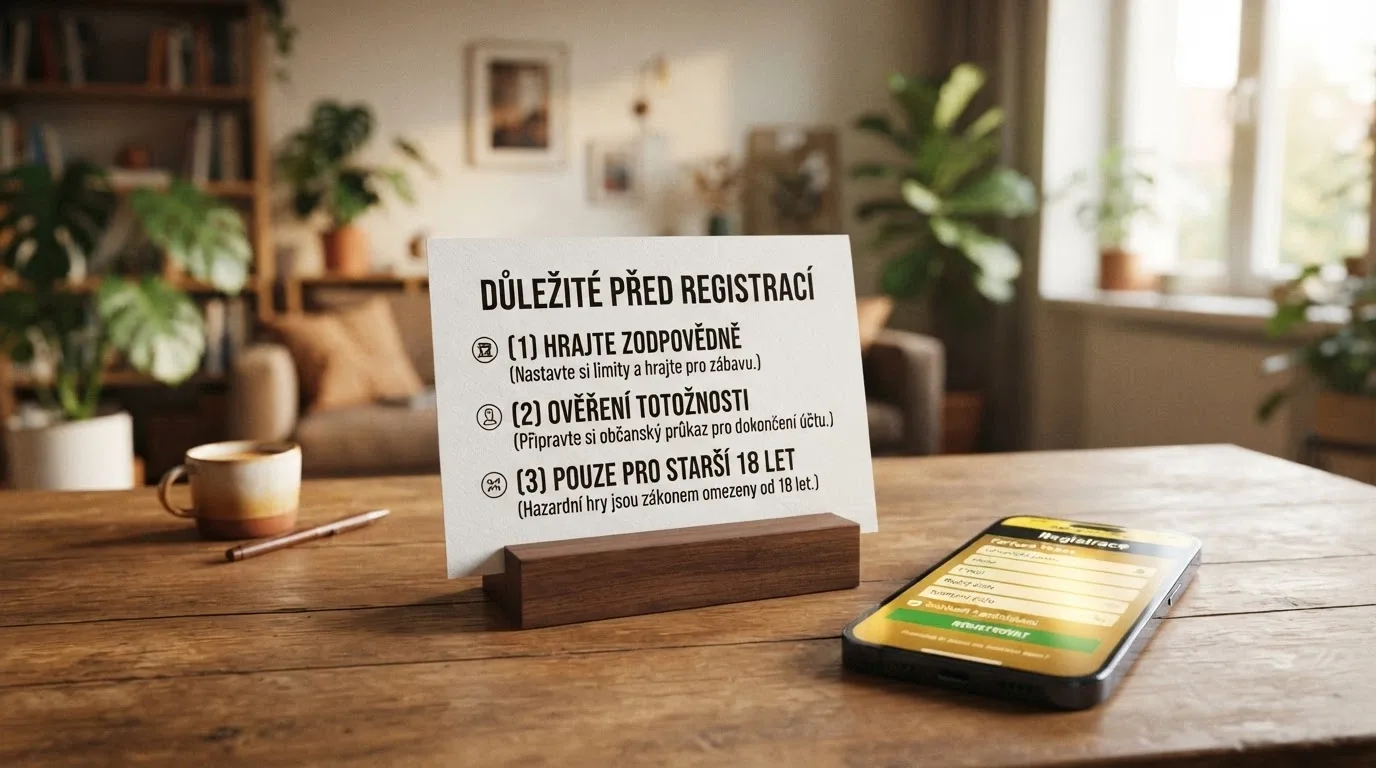 Tři zvýrazněné body na kartičce vedle mobilního telefonu s otevřenou registrací do casina — licence, protočení, časový limit