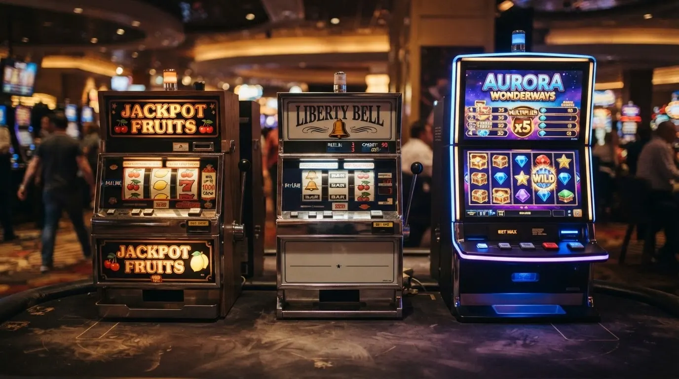 Koláž tří automatů vedle sebe — ovocný, klasický tříválcový a moderní video slot — s kontrastním vizuálním stylem