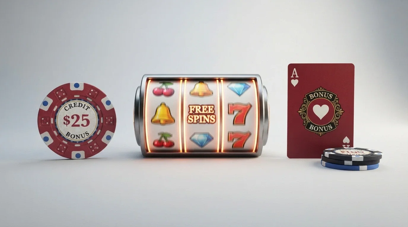 Tři symboly znázorňující typy bonusů — peněžní kredit, free spiny a kombinovaný bonus
