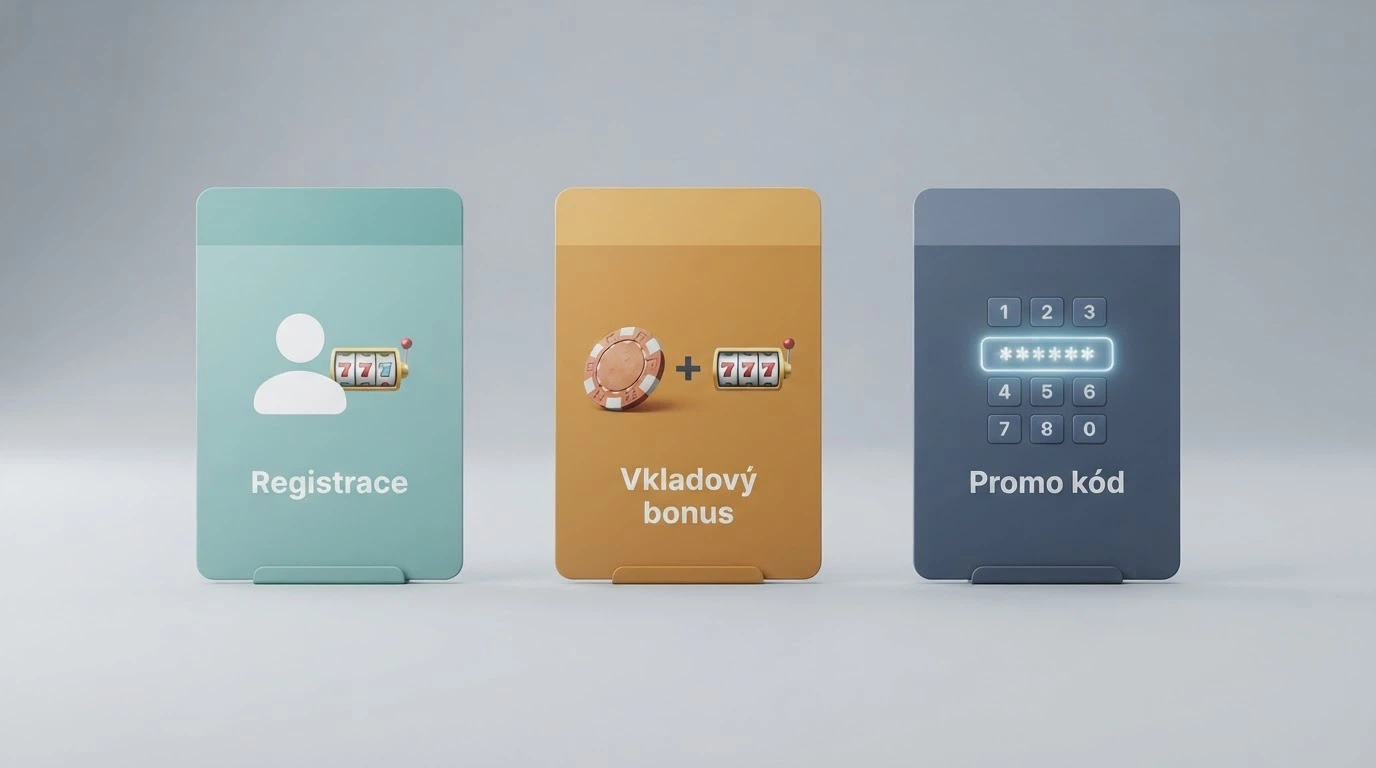 Tři vizuální bloky znázorňující typy kasinových bonusů — registrační free spiny, uvítací balíček s vkladem, pole pro promo kód