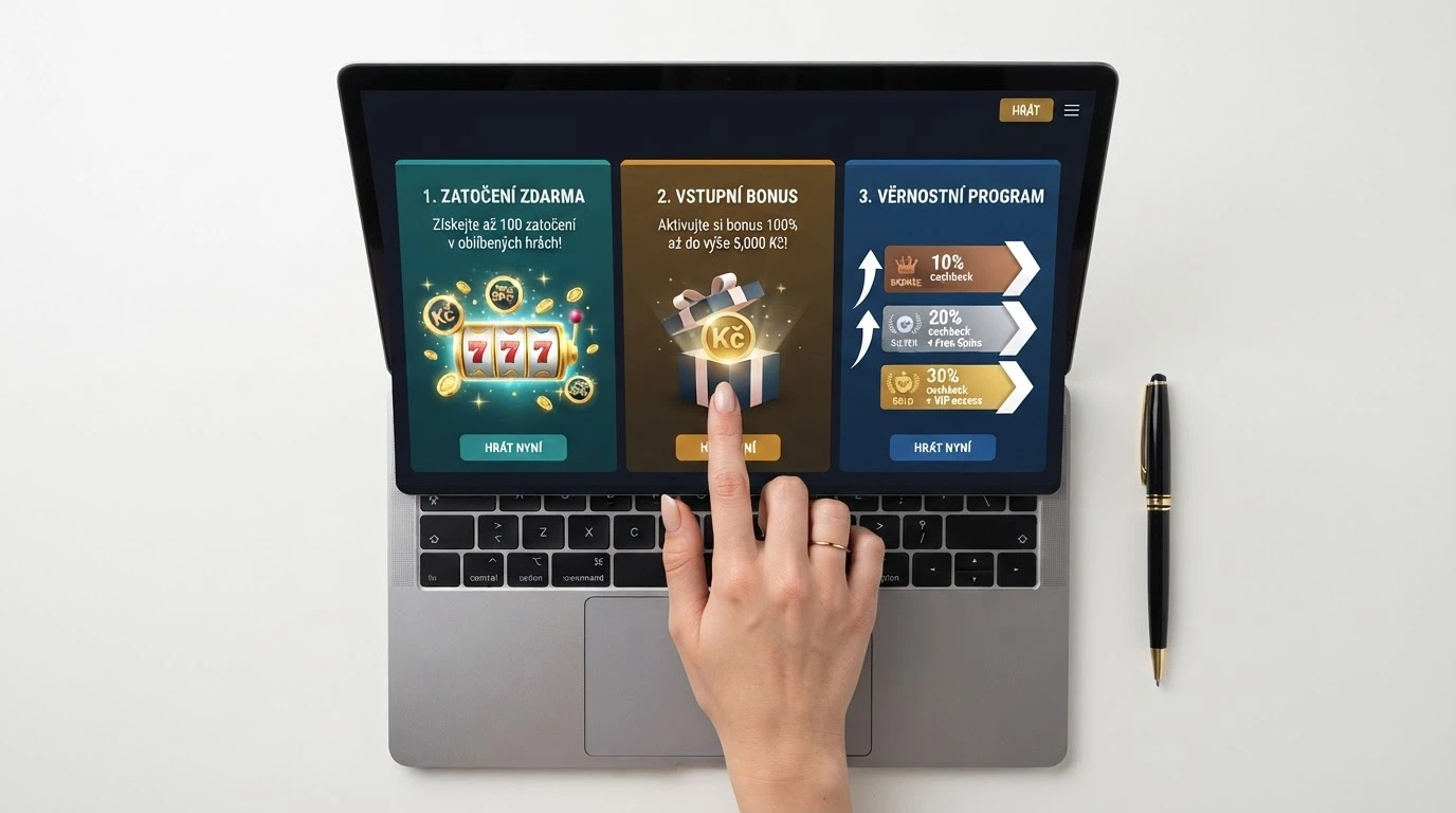 Tři typy casino bonusů — volné otočky, bonus bez vkladu a uvítací balíček — vedle sebe na obrazovce