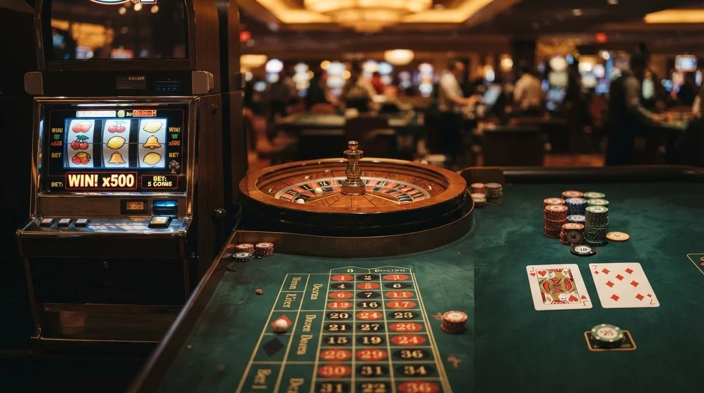 Koláž různých typů kasinových her — video slot, ruleta u živého stolu, blackjack