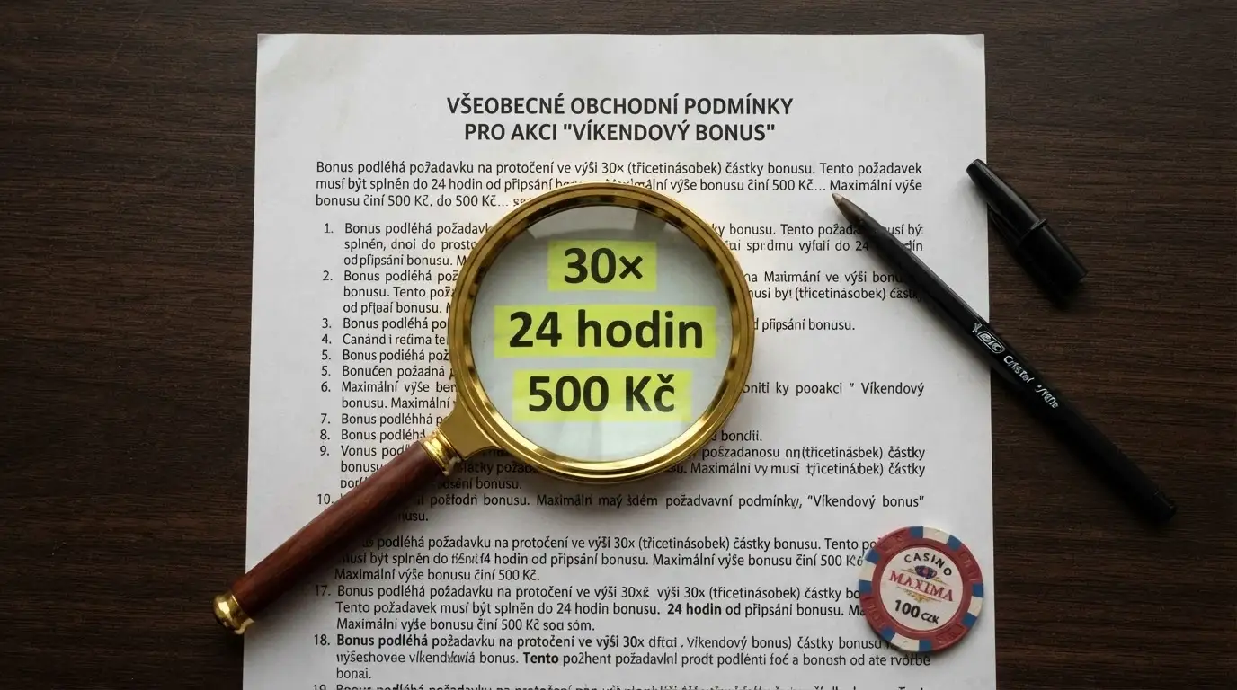 Zvětšovací sklo nad textem obchodních podmínek casino bonusu se zvýrazněnými čísly