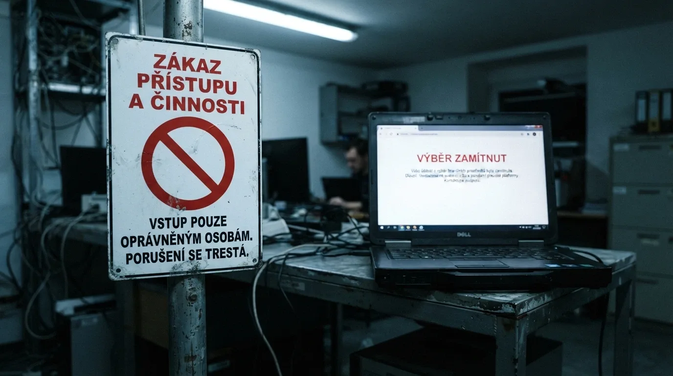 Výstražná tabule s textem v češtině vedle loga kasina s exotickou licencí, na pozadí displej s nápisem „výběr zamítnut“
