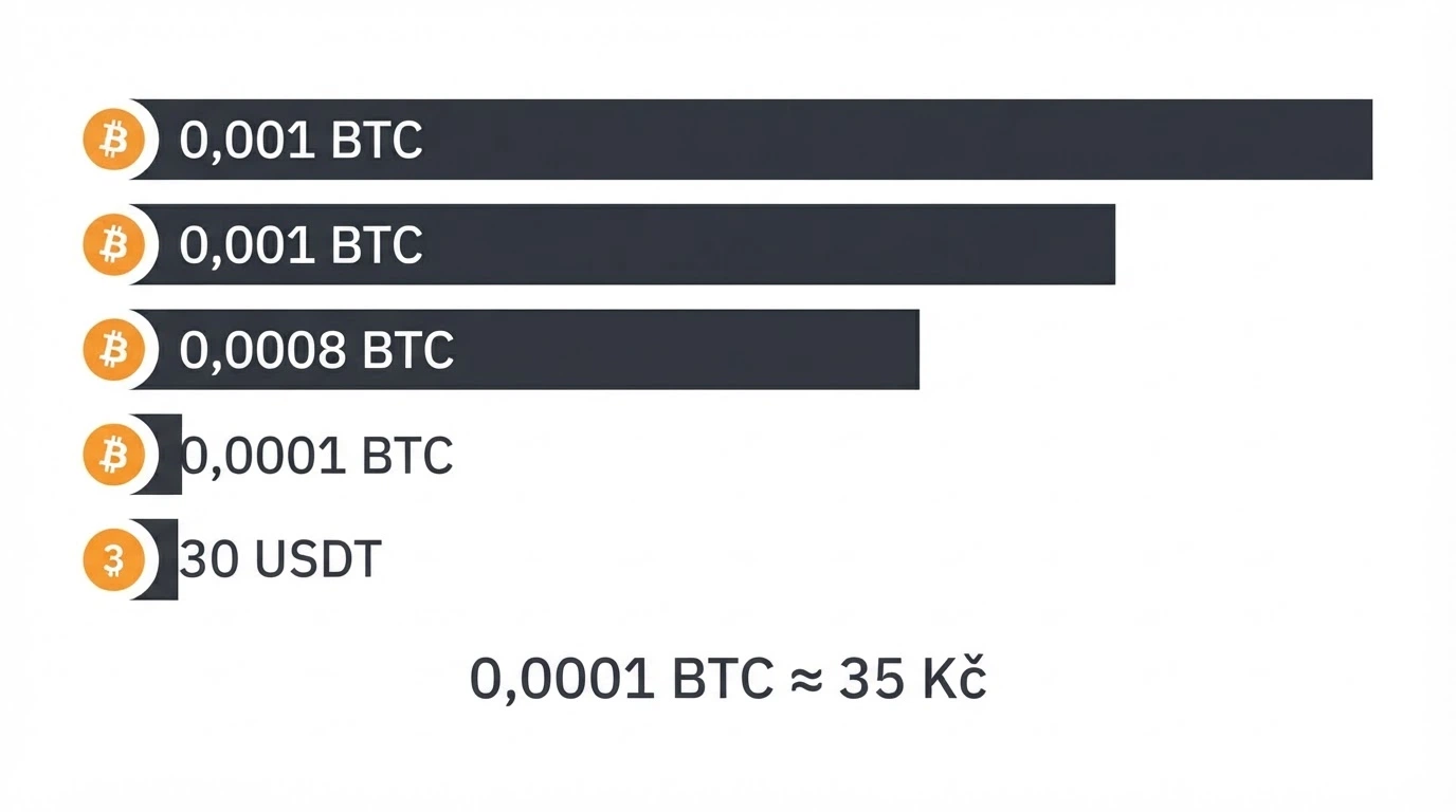 Infografika srovnávající minimální vklady pěti bitcoinových kasin s ikonou BTC a přepočtem na Kč