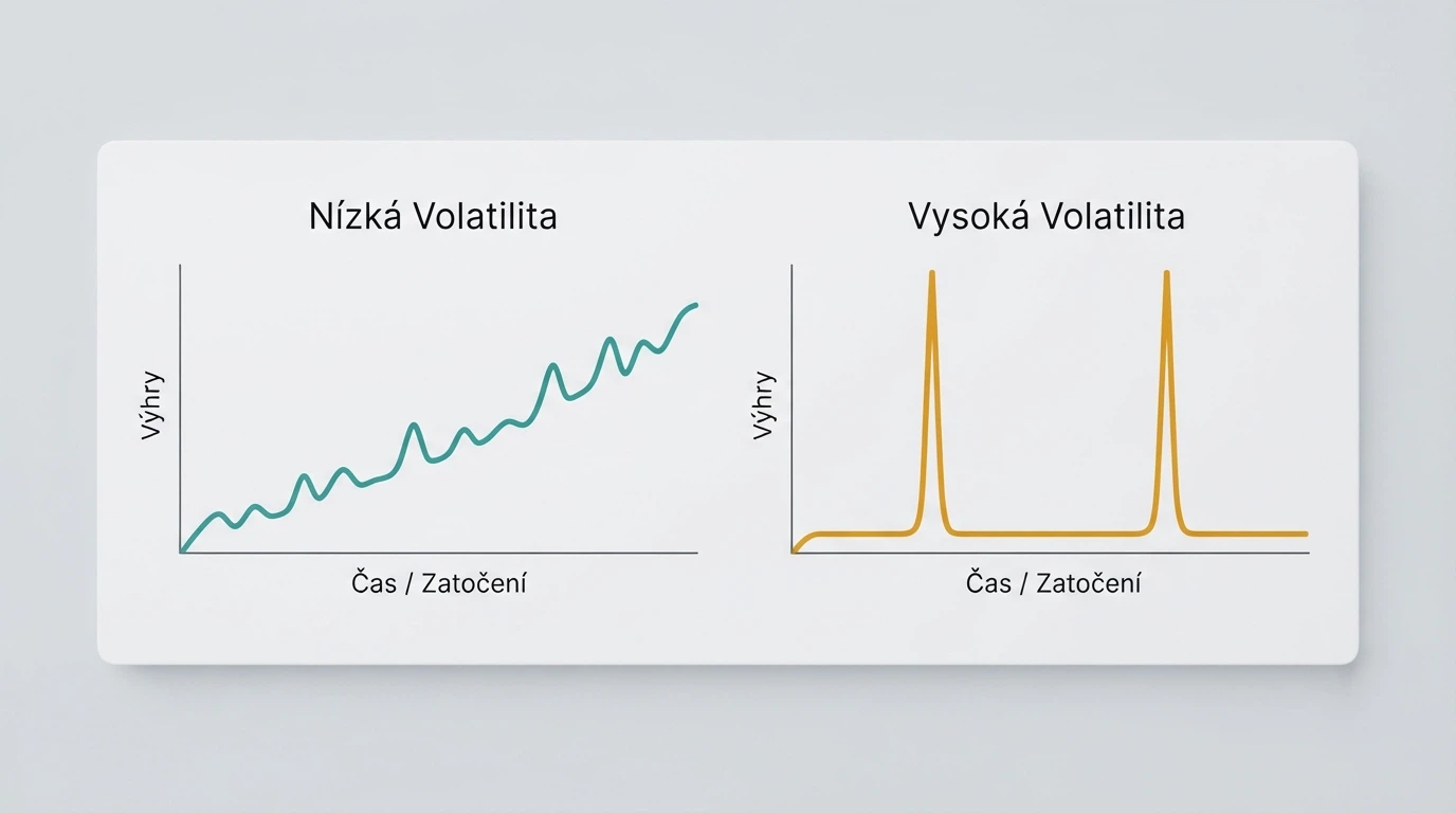 Graf porovnávající průběh dvou herních seancí — automat s nízkou volatilitou (pozvolné křivka) proti automatu s vysokou volatilitou (ostré skoky)