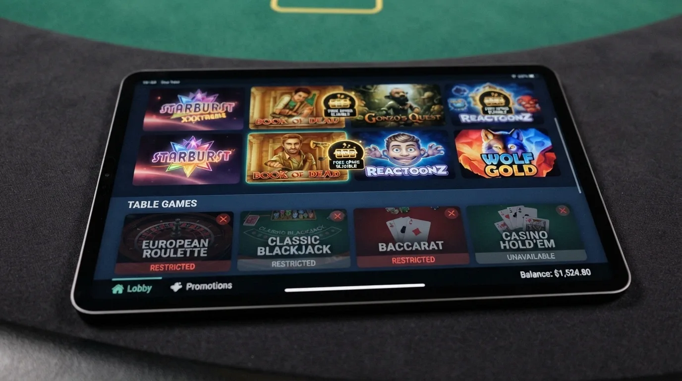 Výřez z online casina — dlaždice automatů s popisky „free spins eligible“, vedle sekce stolních her označená „nelze uplatnit“