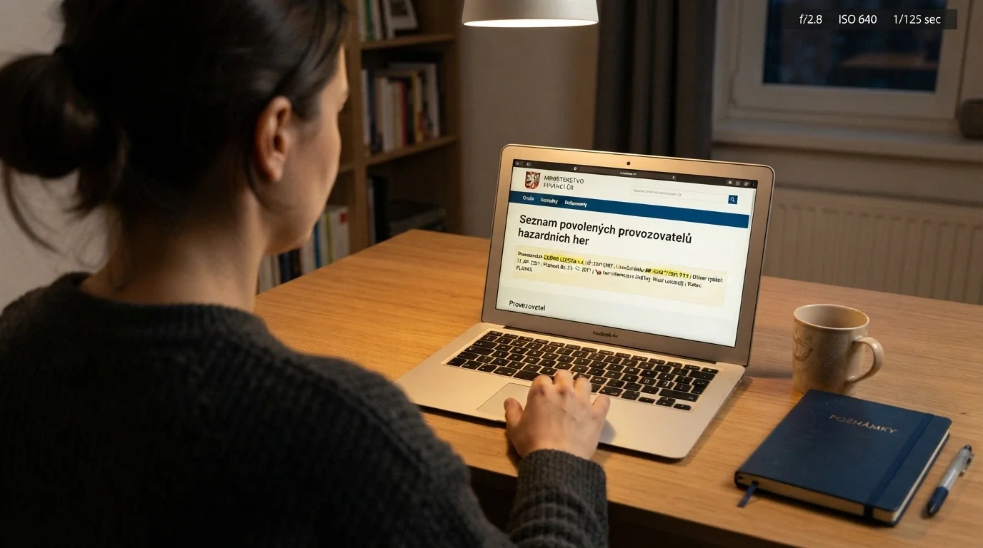 Detail výpisu z veřejného registru MF ČR na obrazovce notebooku, zvýrazněné číslo licence a razítko Ministerstva financí
