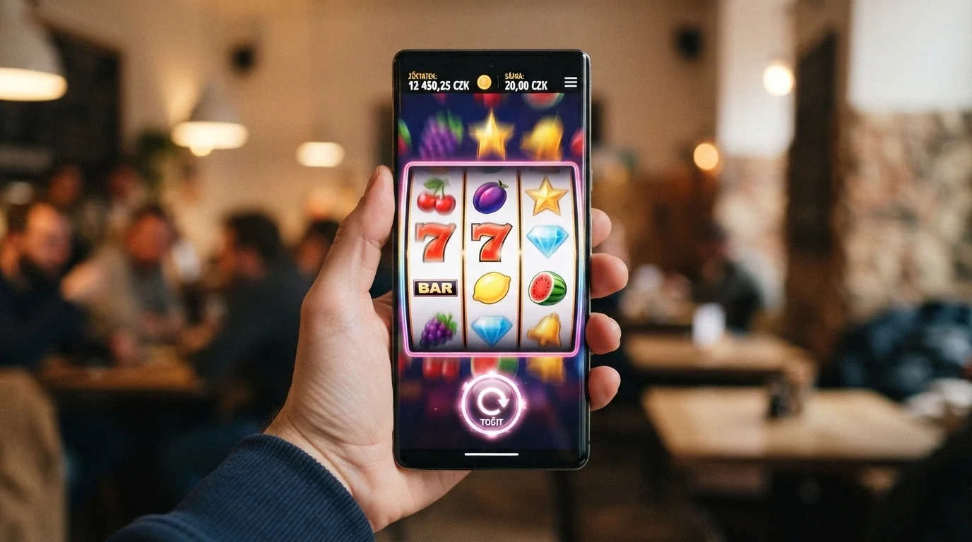Mobilní telefon zobrazující roztočené válce online automatu s dotykovým ovládáním