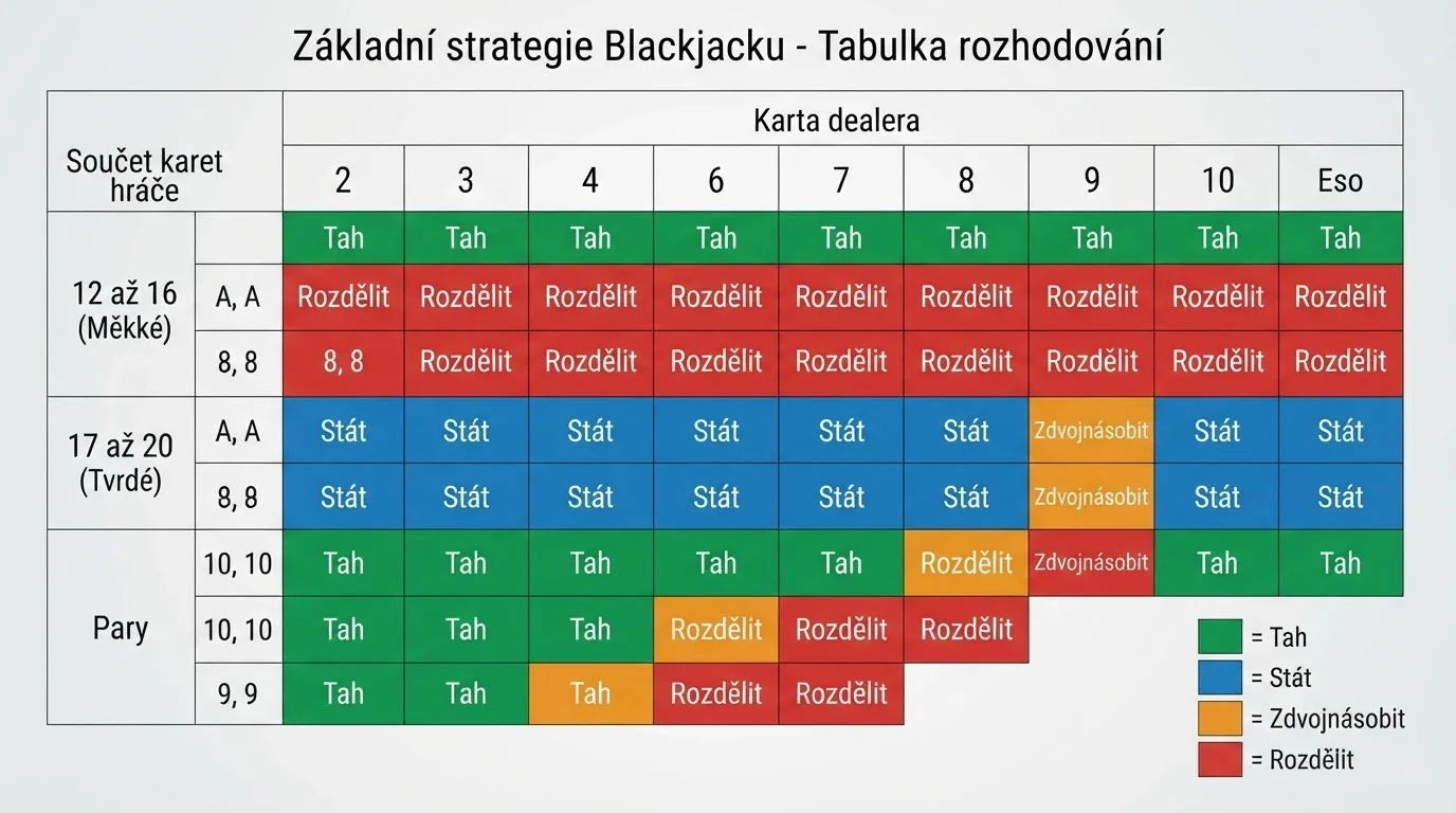 Tabulka základní strategie blackjacku — doporučené akce pro všechny kombinace karet hráče a krupiéra