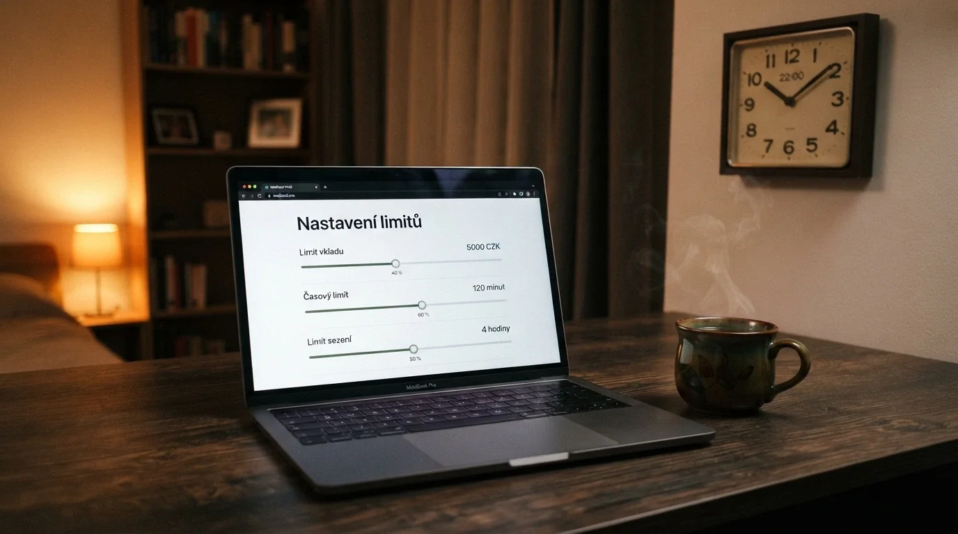 Klidný večerní interiér — na stole notebook s otevřenou stránkou nastavení herních limitů, vedle šálek čaje, na zdi hodiny ukazující 22:00