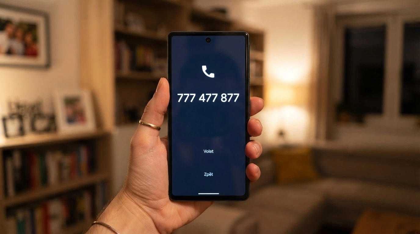 Telefon s vytočeným číslem linky pomoci — 777 477 877 — na displeji