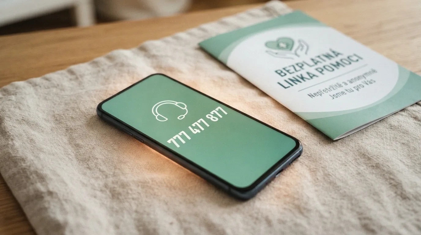Telefon s vytočeným číslem linky pomoci na displeji, v pozadí logo Národní linky pro odvykání hraní