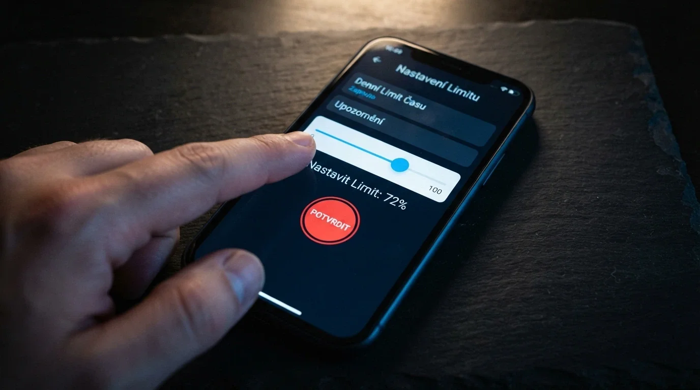 Ruka nastavující posuvník limitu na displeji telefonu, vedle ikona panického tlačítka
